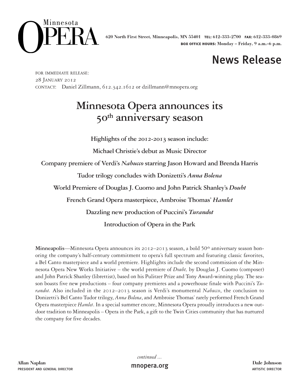 News Release Minnesota Opera Announces Its 50Th Anniversary