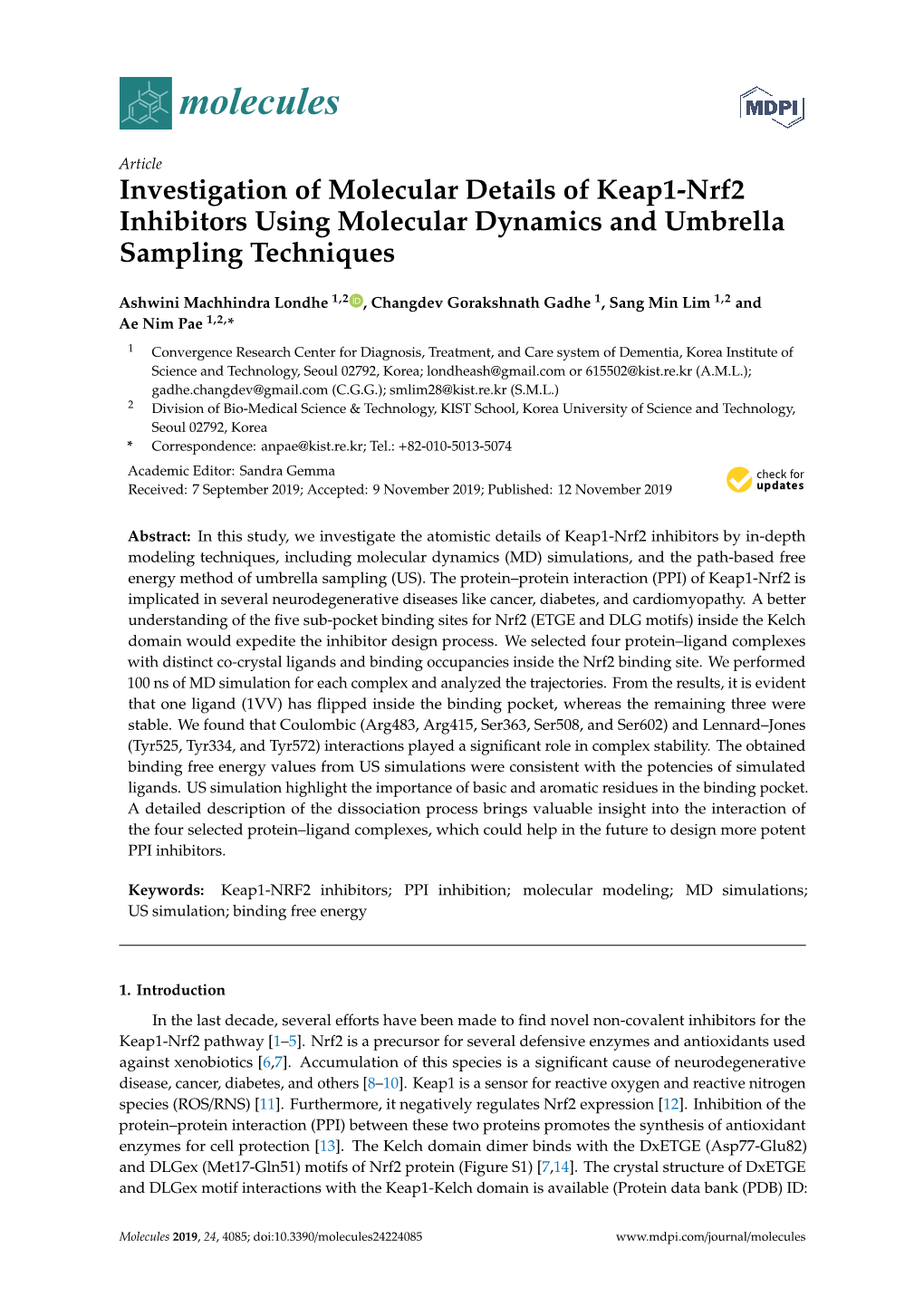 Investigation of Molecular Details of Keap1-Nrf2 Inhibitors Using Molecular Dynamics and Umbrella Sampling Techniques