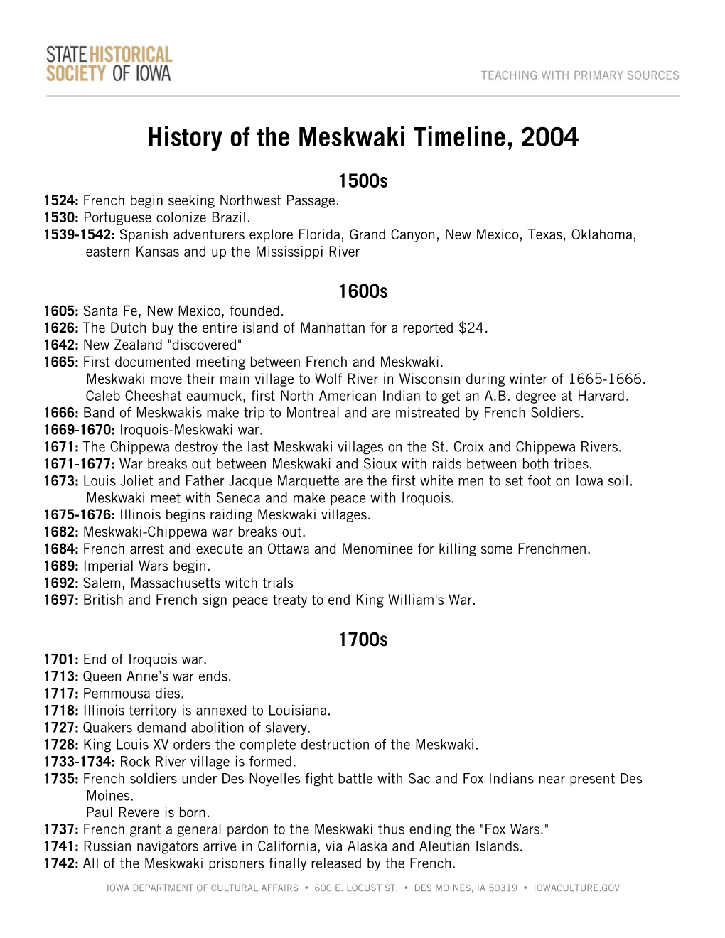 Full Transcript of History of the Meskwaki Timeline