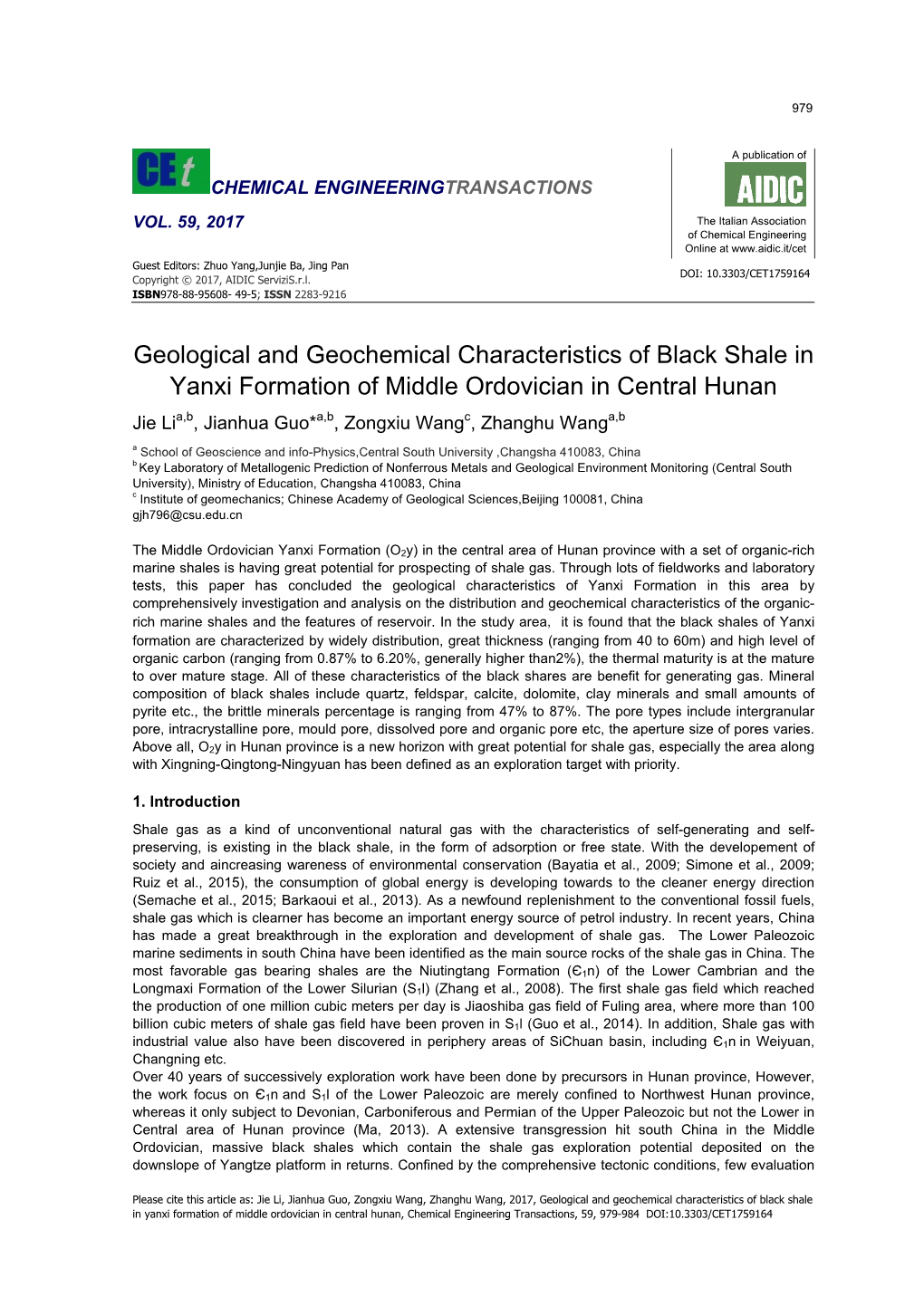 Geological and Geochemical Characteristics of Black Shale in Yanxi Formation of Middle Ordovician in Central Hunan
