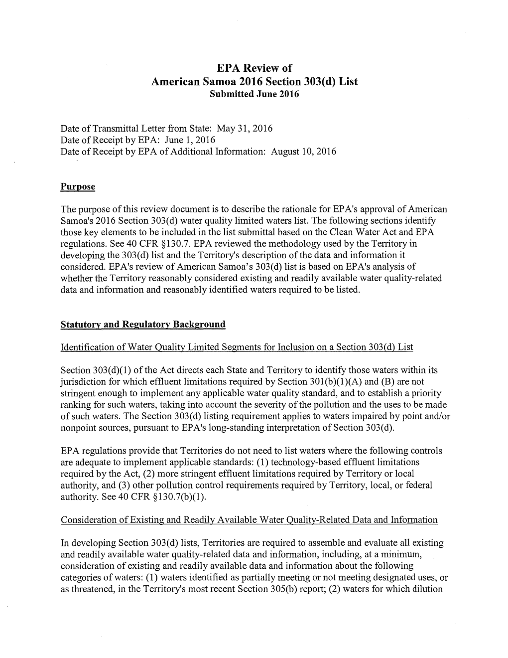 Review of American Samoa's 2016 Section 303(D)