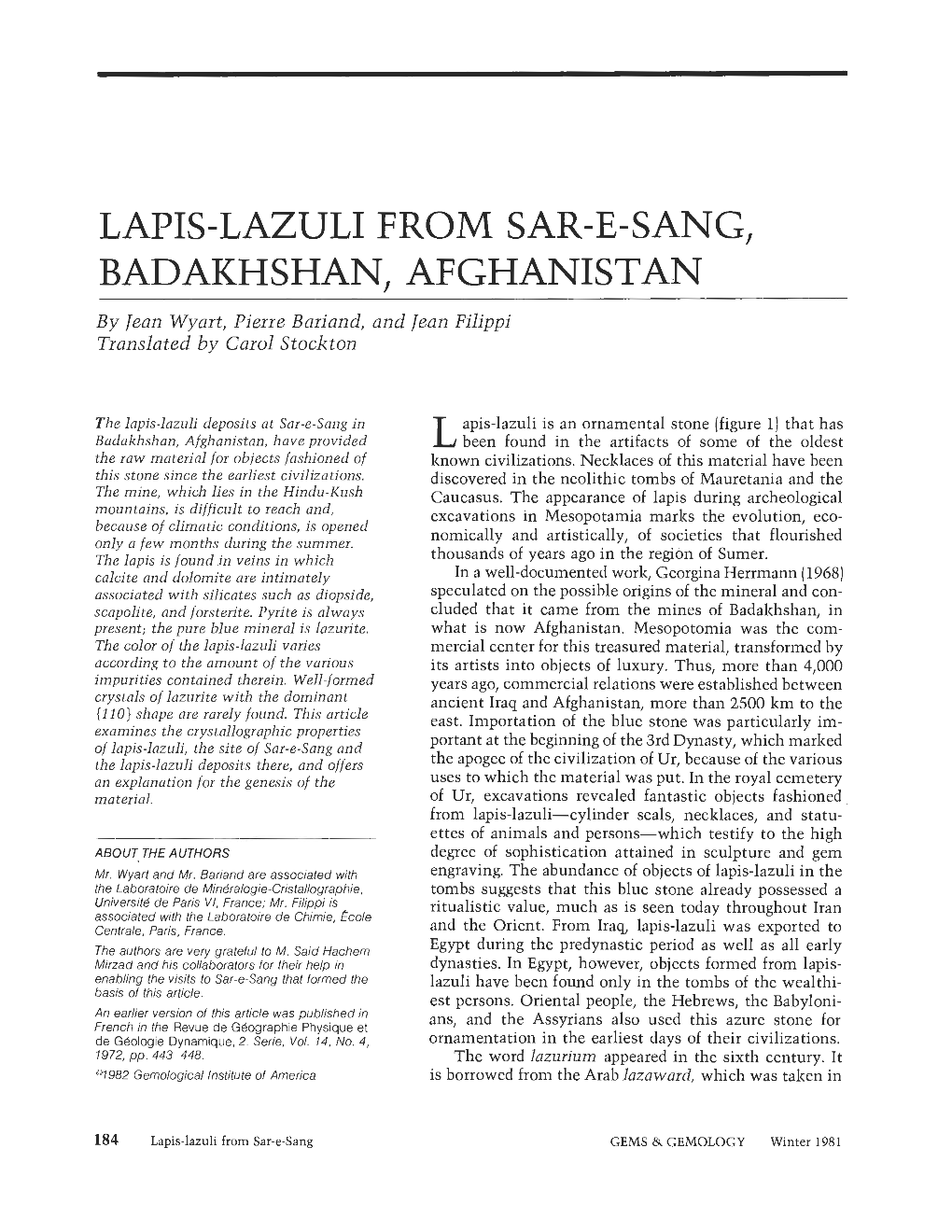 LAPIS-LAZULI from SAR-E-SANG, BADAKHSHAN, AFGHANISTAN by Jean Wyart, Pierre Bariand, and Jean Filippi Translated by Carol Stockton