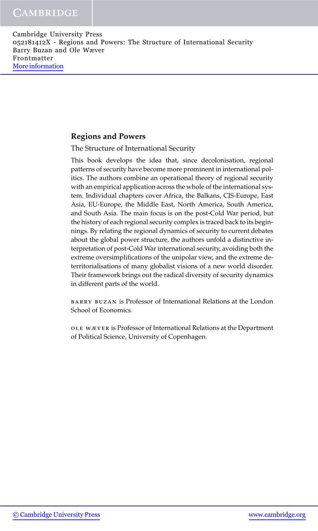 Regions and Powers: the Structure of International Security Barry Buzan and Ole Wæver Frontmatter More Information