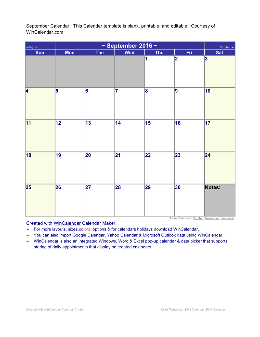 More Calendars: October, November, December