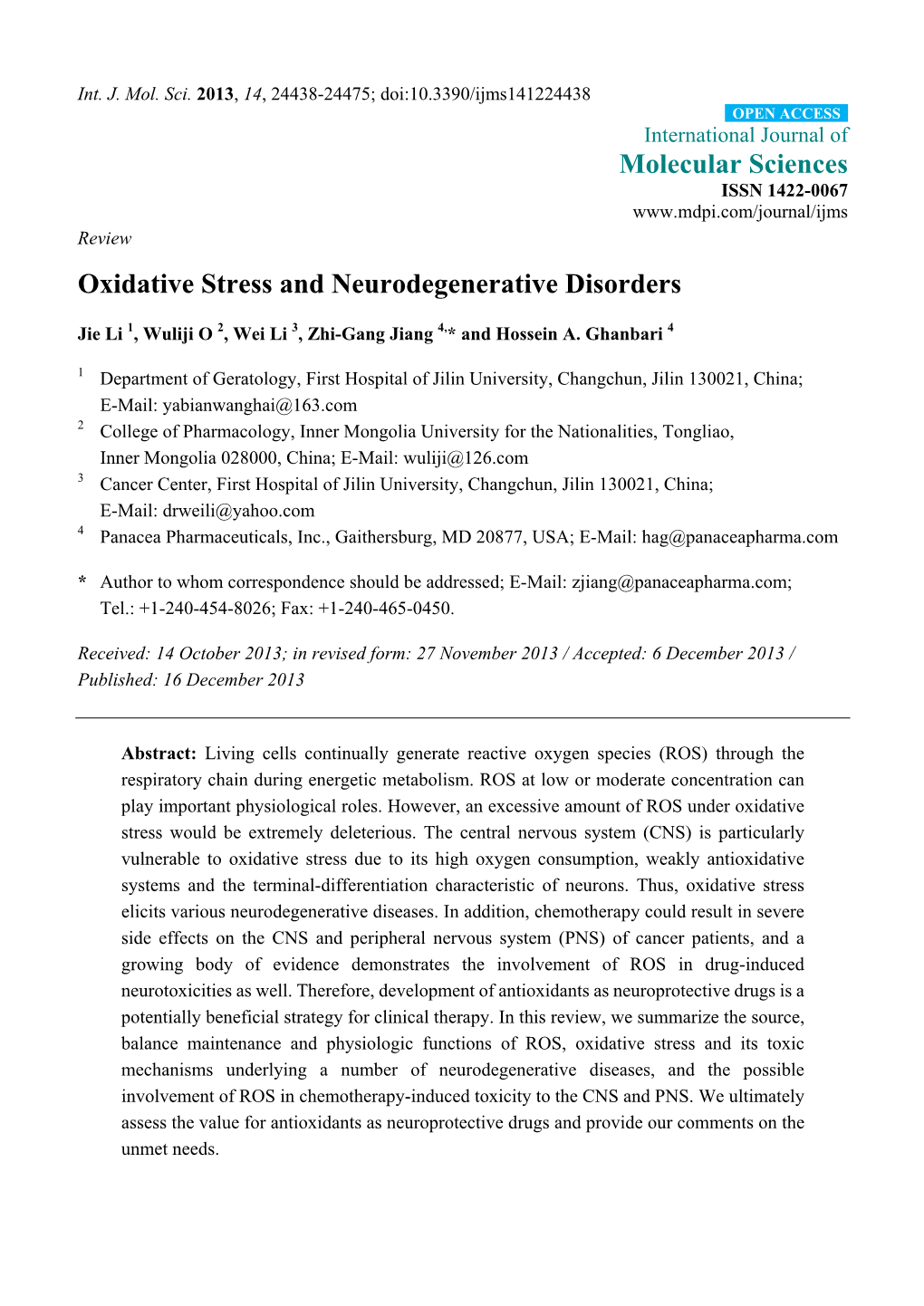 Oxidative Stress and Neurodegenerative Disorders