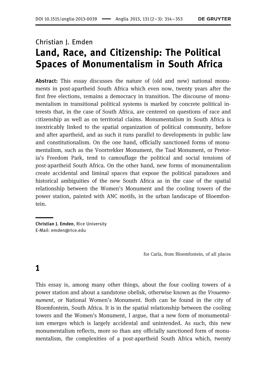 Land, Race, and Citizenship: the Political Spaces of Monumentalism in South Africa