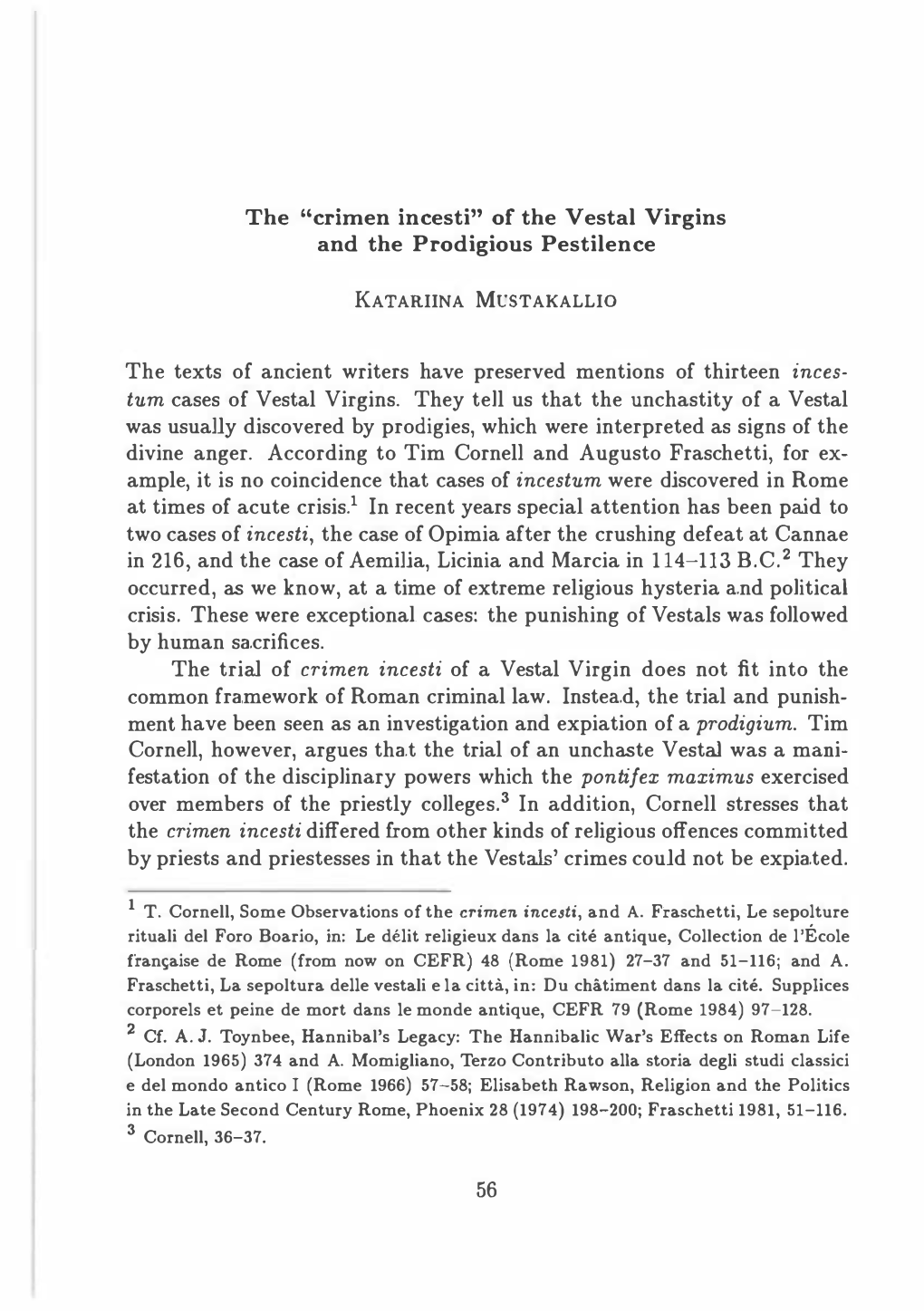 Incesti" of the Vestal Virgins and the Prodigious Pestilence