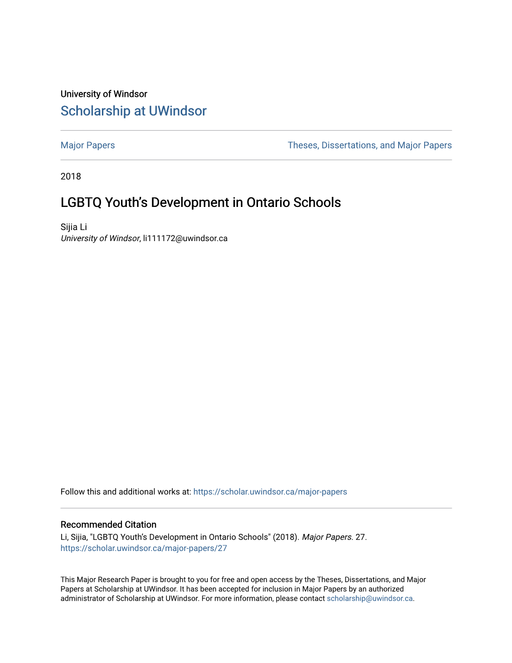 LGBTQ Youth's Development in Ontario Schools