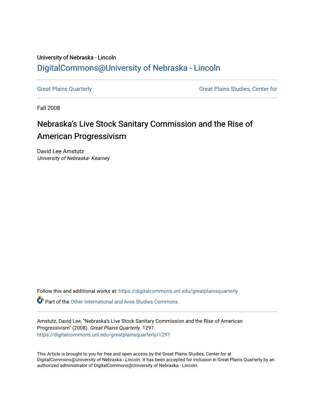 Nebraska's Live Stock Sanitary Commission and the Rise of American Progressivism