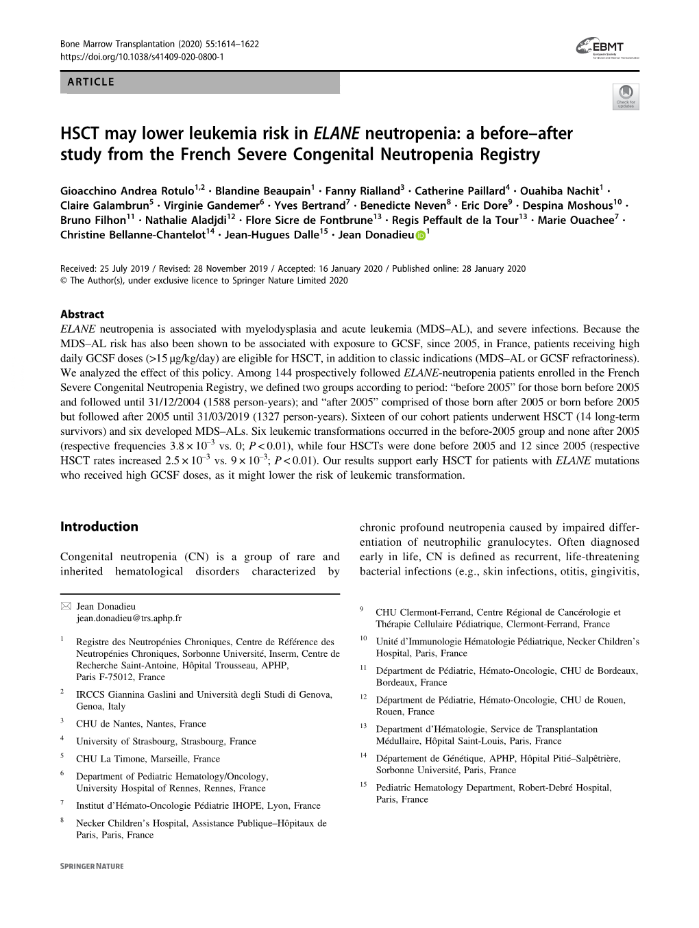 HSCT May Lower Leukemia Risk in ELANE Neutropenia: a Before–After Study from the French Severe Congenital Neutropenia Registry