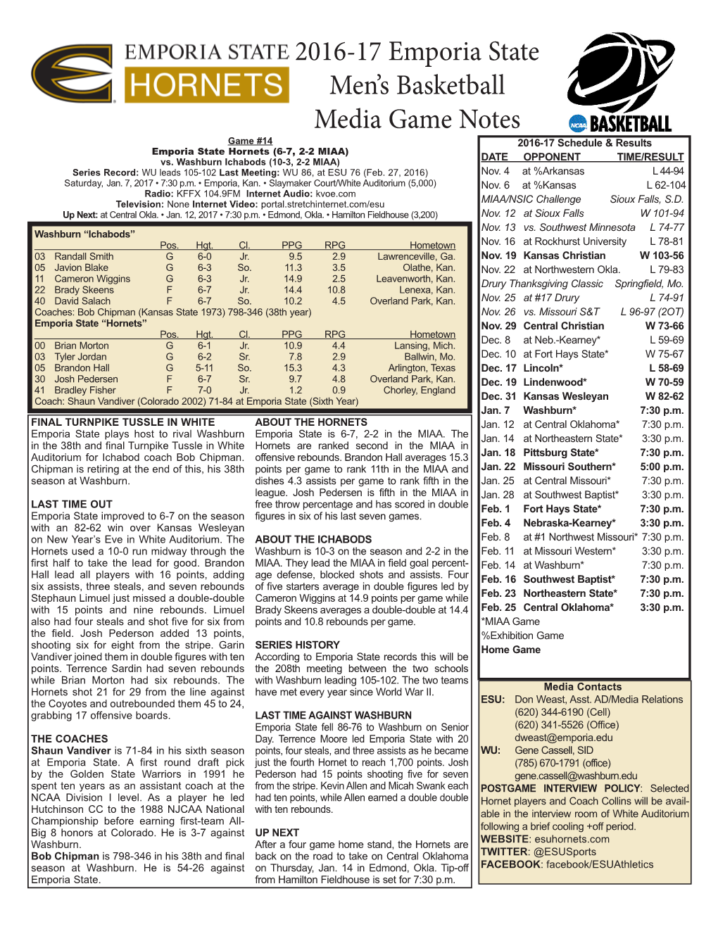 2016-17 Emporia State Men's Basketball Media Game Notes