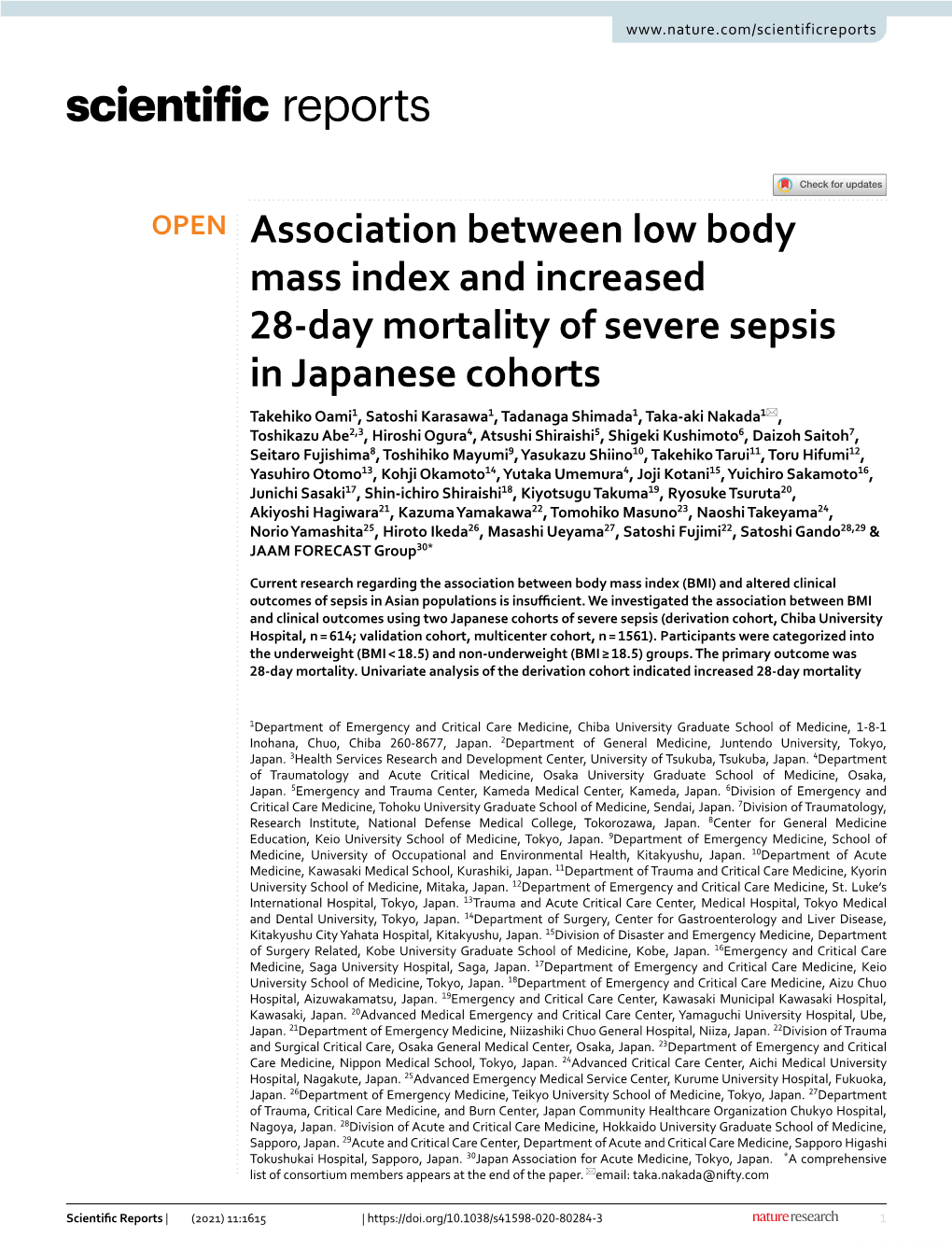 Association Between Low Body Mass Index and Increased 28-Day Mortality of Severe Sepsis in Japanese Cohorts