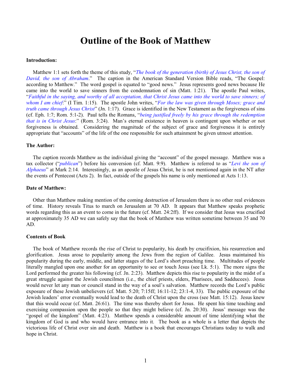 Outline of the Book of Matthew