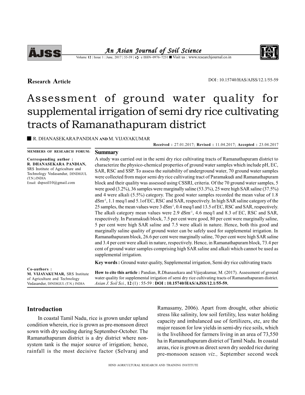 Assessment of Ground Water Quality for Supplemental Irrigation of Semi Dry Rice Cultivating Tracts of Ramanathapuram District