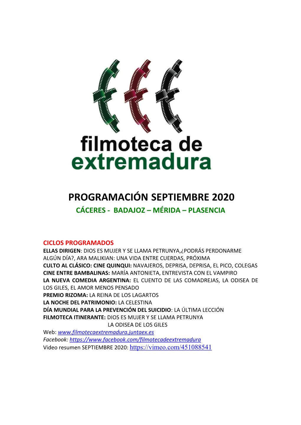 Programación Septiembre 2020 Cáceres - Badajoz – Mérida – Plasencia