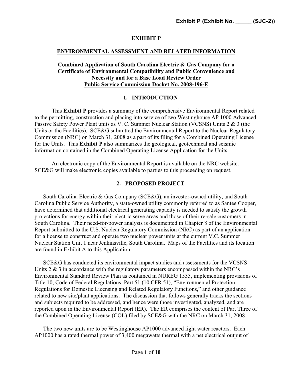 EXHIBIT P ENVIRONMENTAL ASSESSMENT and RELATED INFORMATION Combined Application of South Carolina Electric & Gas Company