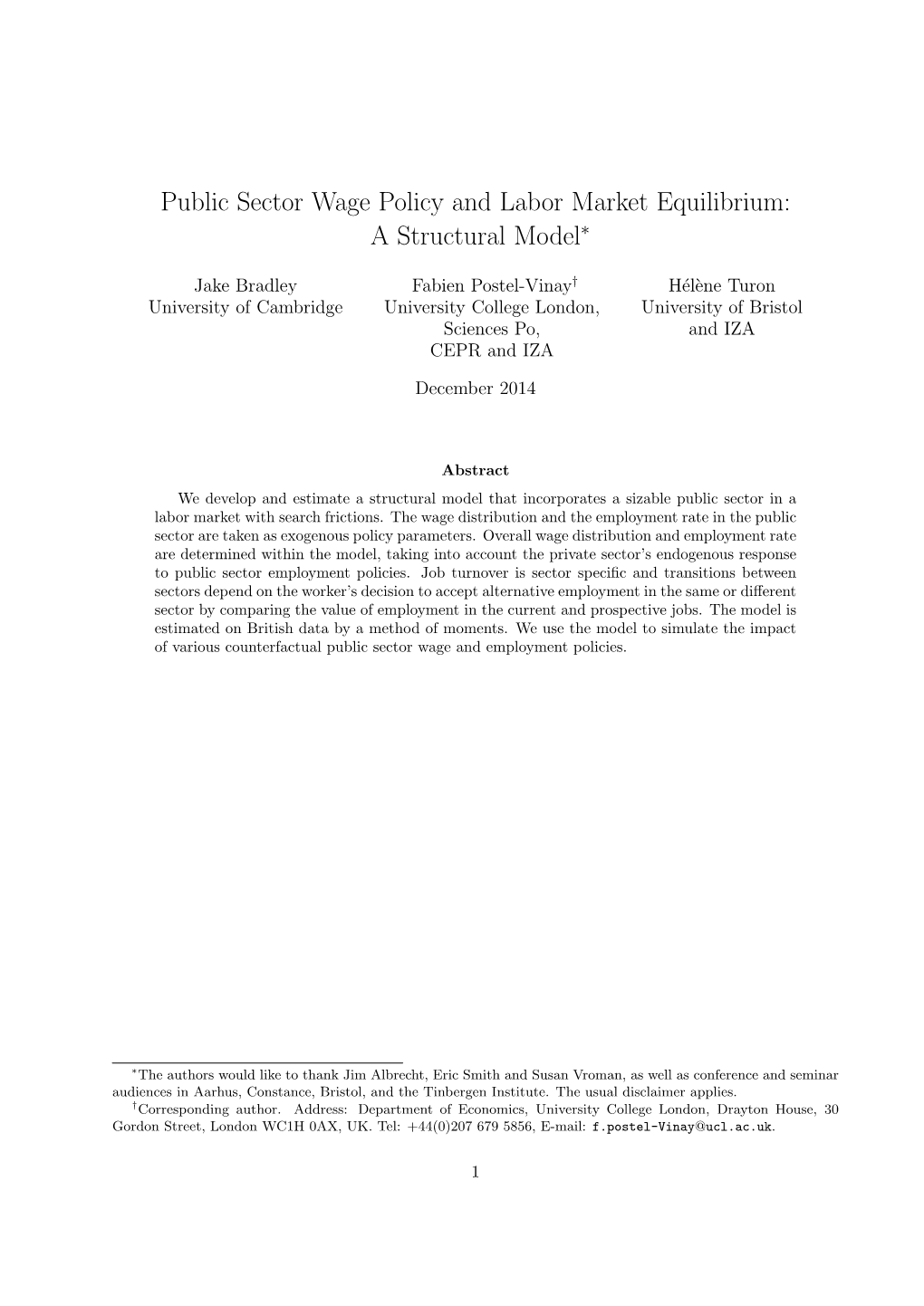 Public Sector Wage Policy and Labor Market Equilibrium: a Structural Model∗