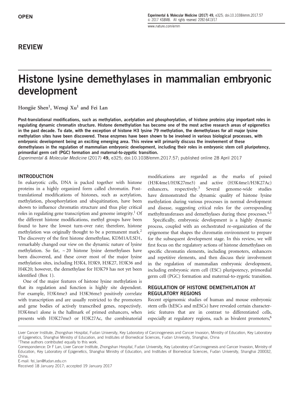 Histone Lysine Demethylases in Mammalian Embryonic Development