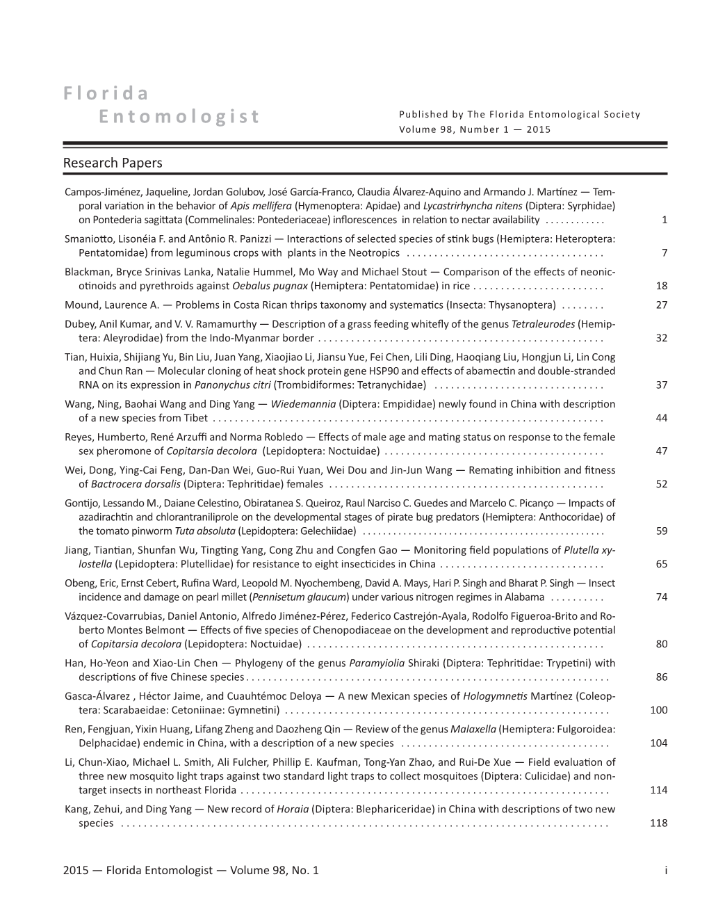 Florida Entomologist Published by the Florida Entomological Society Volume 98, Number 1 — 2015