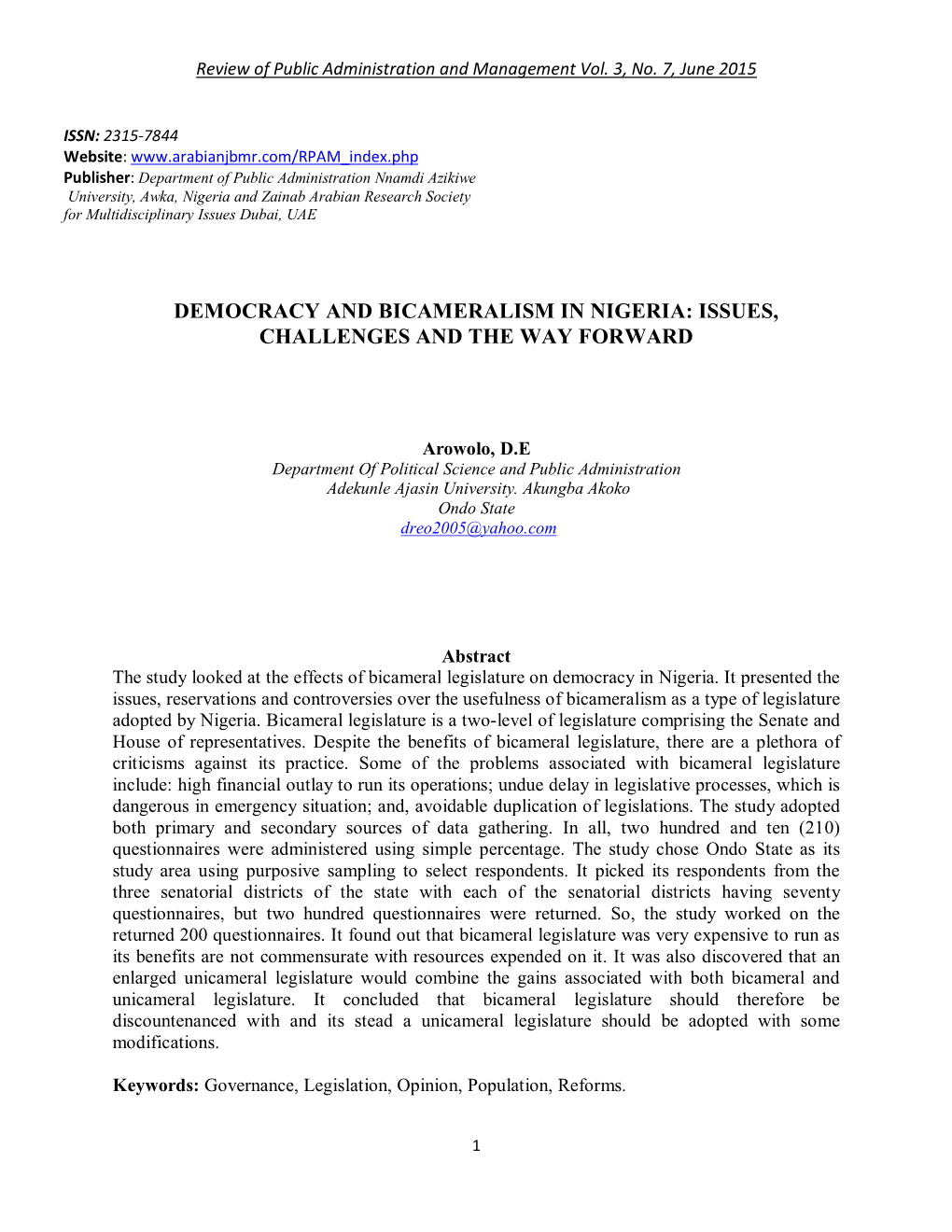 Democracy and Bicameralism in Nigeria: Issues, Challenges and the Way Forward