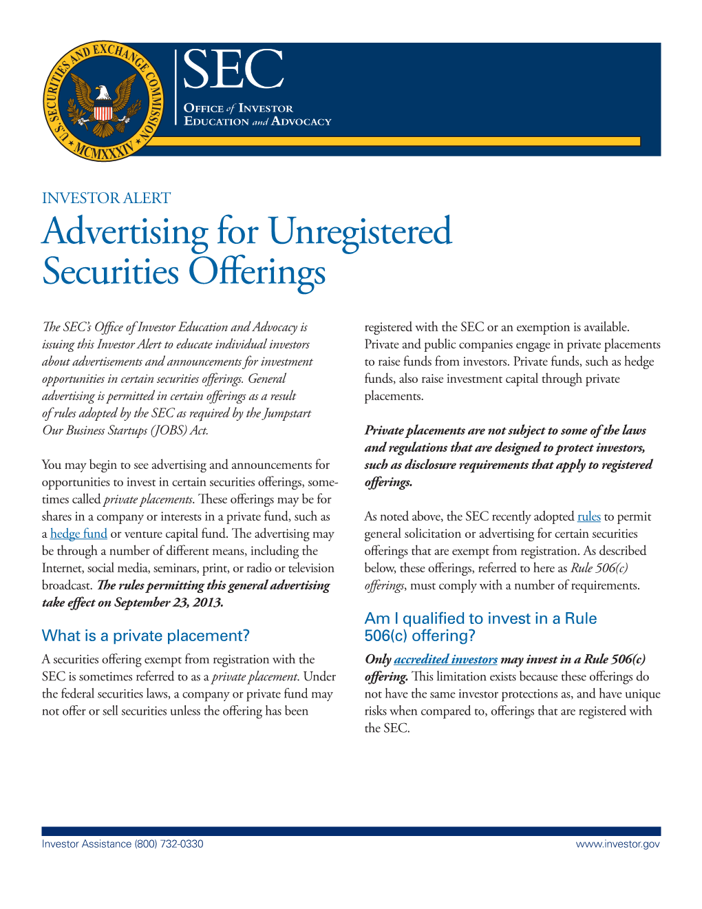 Advertising for Unregistered Securities Offerings