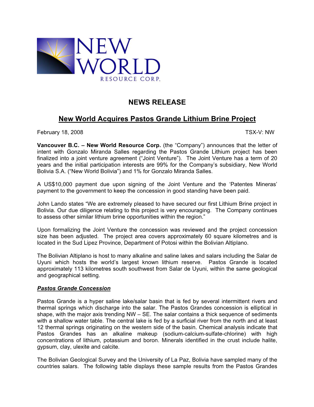 NEWS RELEASE New World Acquires Pastos Grande Lithium Brine Project