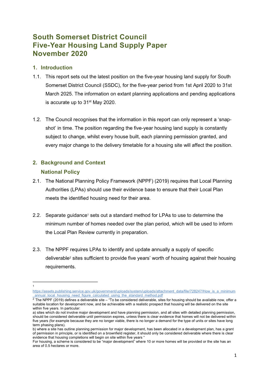 South Somerset District Council Five-Year Housing Land Supply Paper November 2020