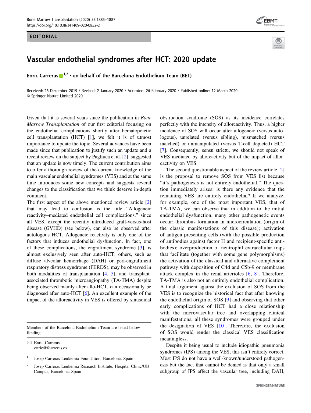 Vascular Endothelial Syndromes After HCT: 2020 Update