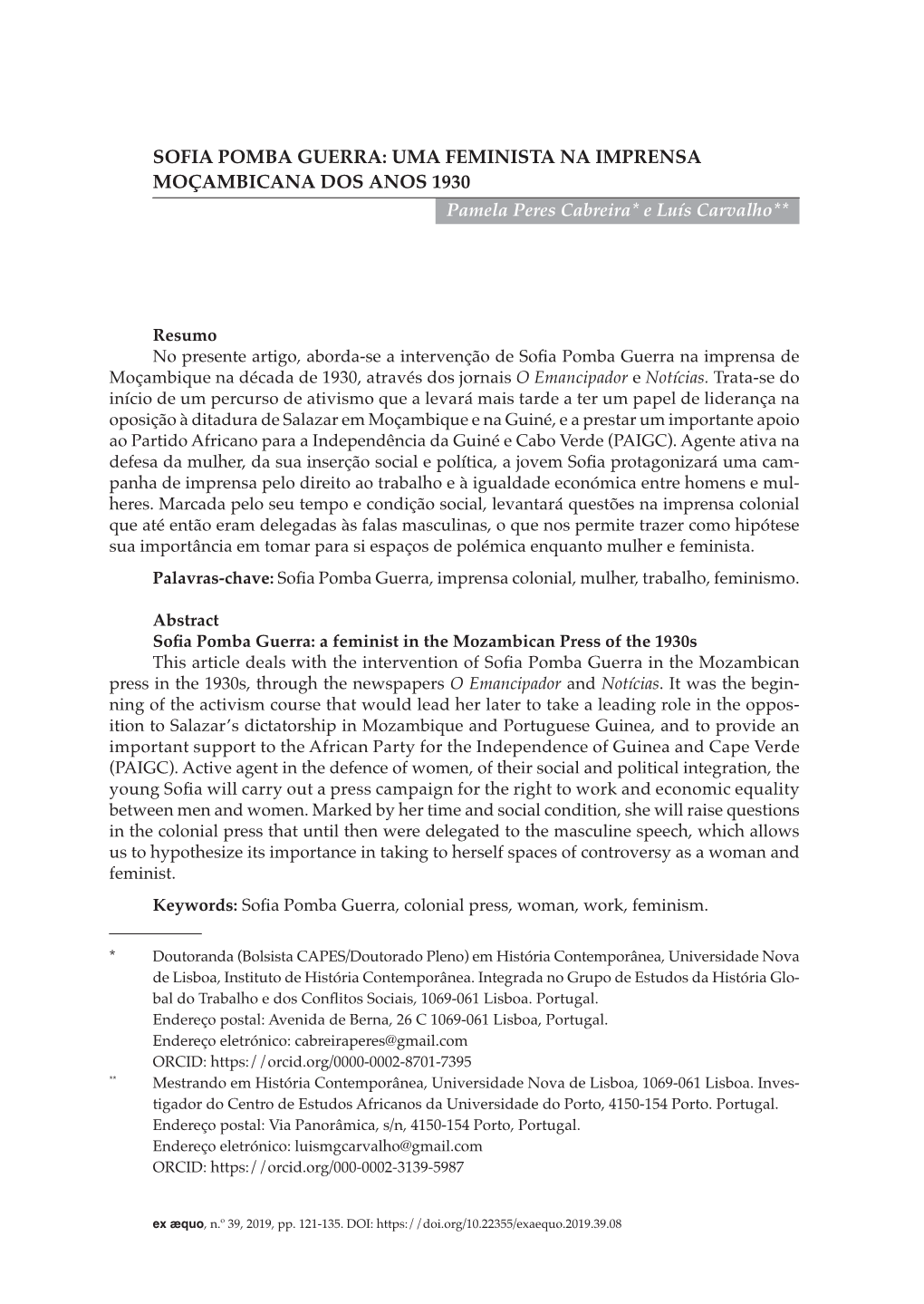 SOFIA POMBA GUERRA: UMA FEMINISTA NA IMPRENSA MOÇAMBICANA DOS ANOS 1930 Pamela Peres Cabreira* E Luís Carvalho**