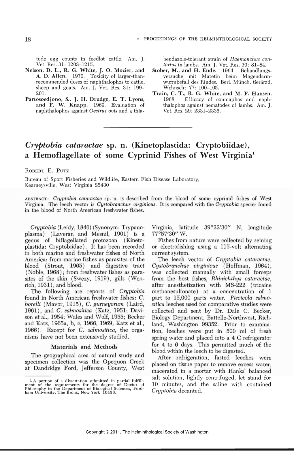 Cryptobia Cataractae Sp. N. (Kinetoplastida: Cryptobiidae), a Hemoflagellate of Some Cyprinid Fishes of West Virginia1
