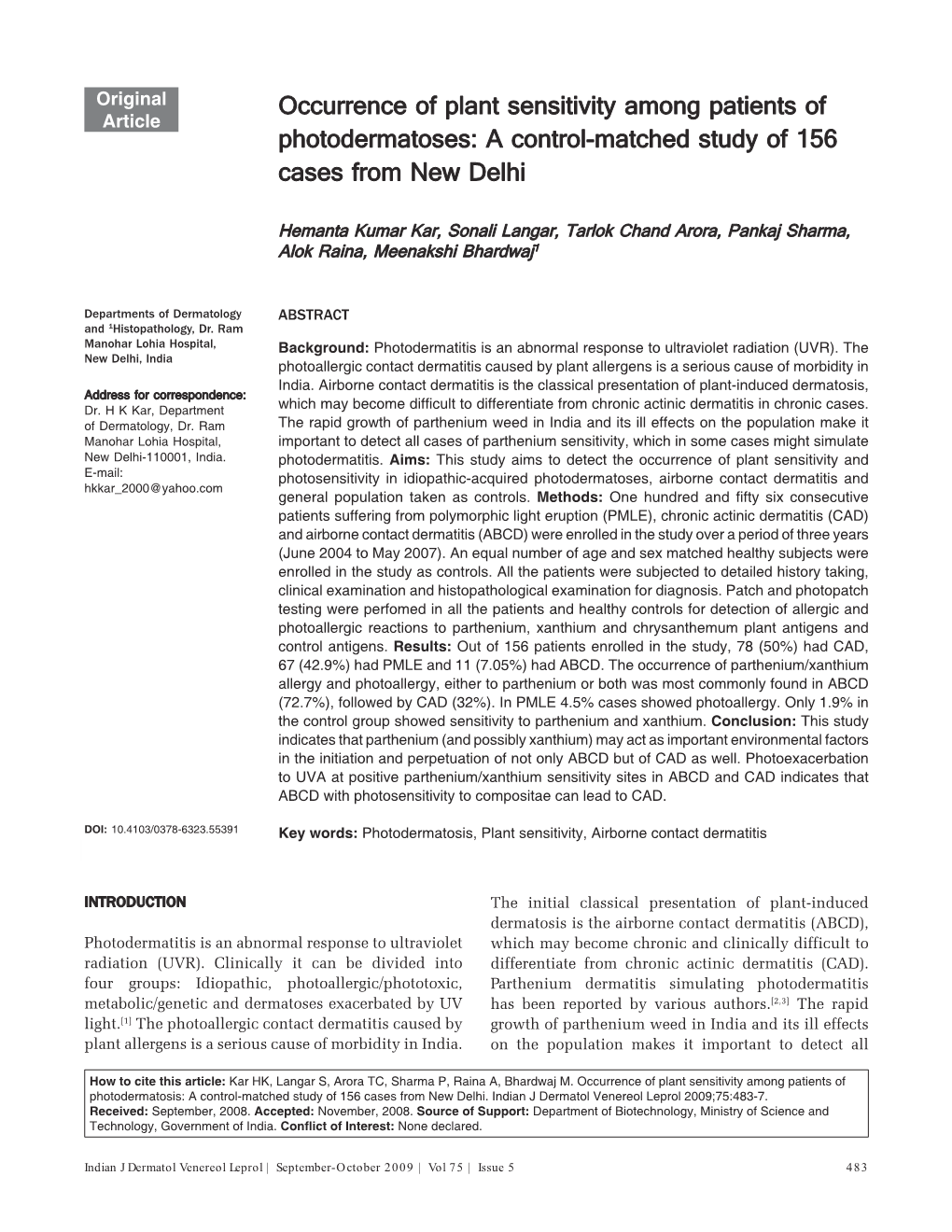 Occurrence of Plant Sensitivity Among Patients of Photodermatosis: a Control-Matched Study of 156 Cases from New Delhi