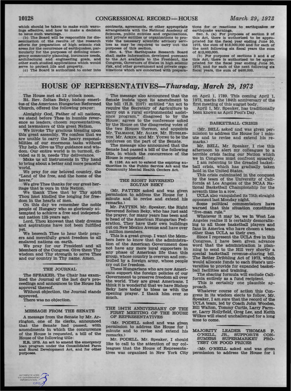 HOUSE of REPRESENTATIVES-Thursday, March 29, 1973 the House Met at 12 O'clock Noon