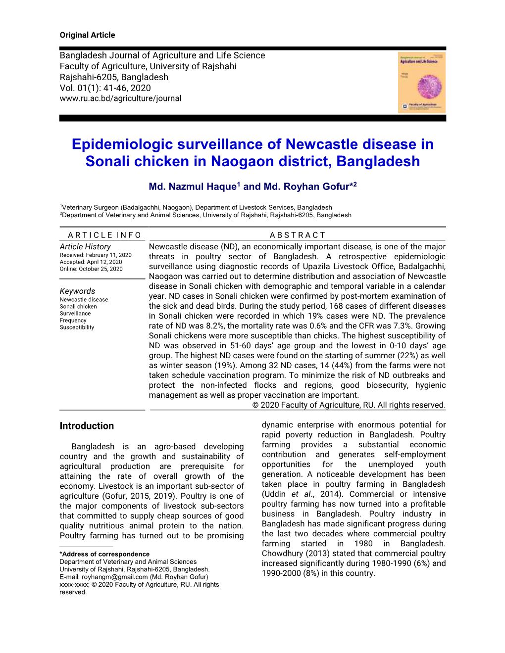 Epidemiologic Surveillance of Newcastle Disease in Sonali Chicken in Naogaon District, Bangladesh