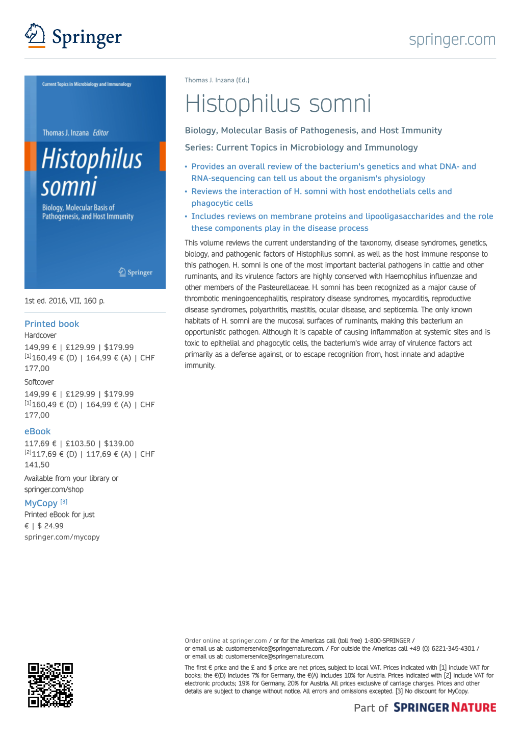 Histophilus Somni Biology, Molecular Basis of Pathogenesis, and Host Immunity Series: Current Topics in Microbiology and Immunology