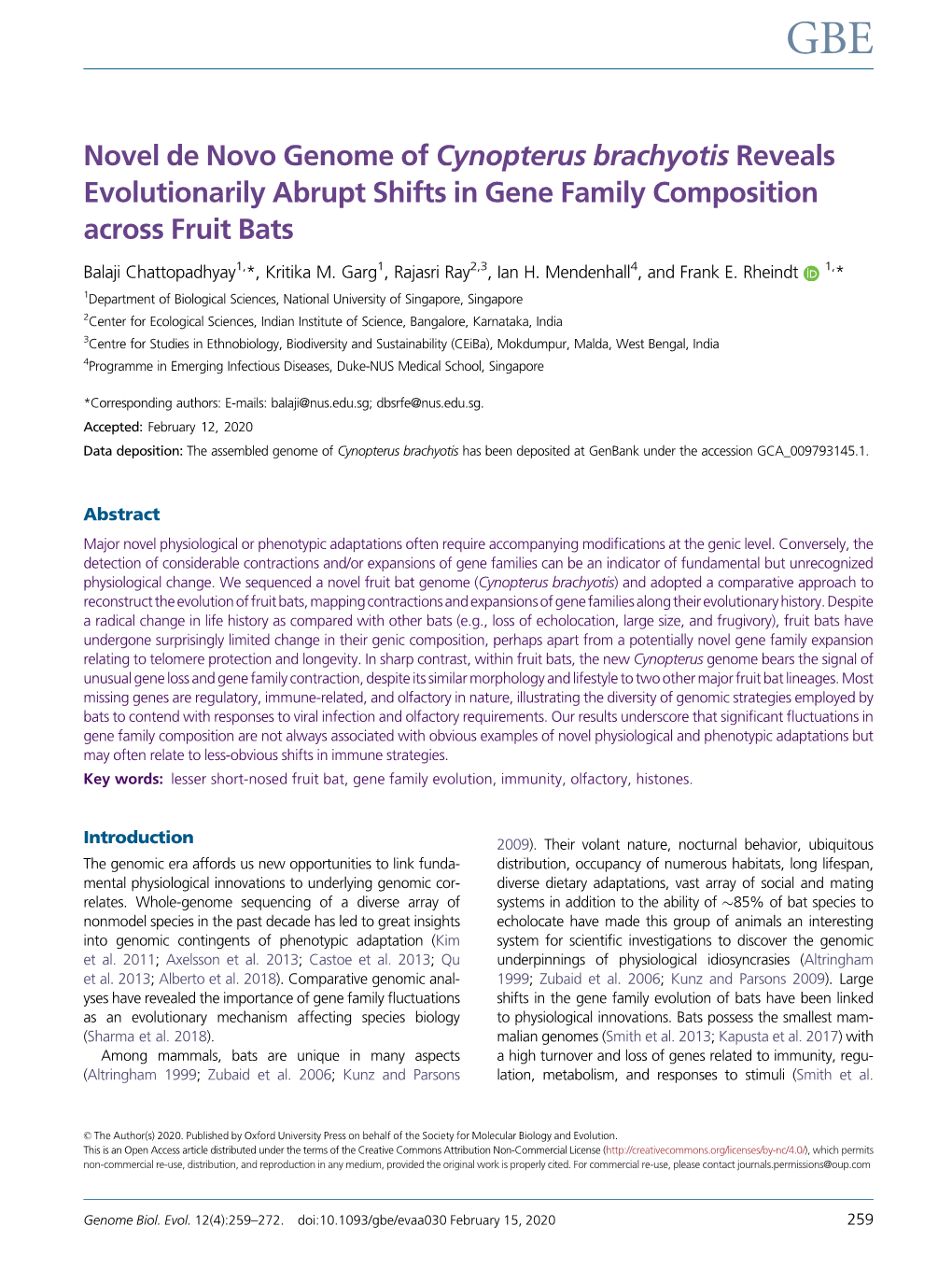 Novel De Novo Genome of Cynopterus Brachyotis Reveals Evolutionarily Abrupt Shifts in Gene Family Composition Across Fruit Bats