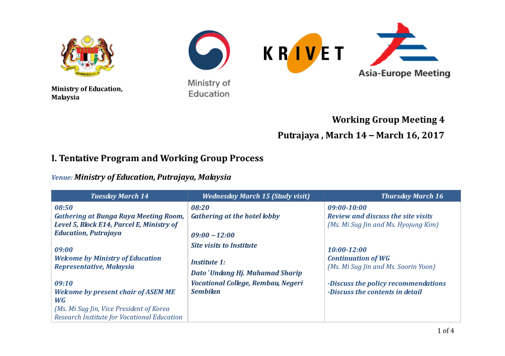 Working Group Meeting 4 Putrajaya , March 14 – March 16, 2017