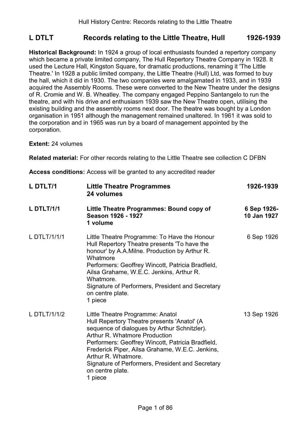 L DTLT Records Relating to the Little Theatre, Hull 1926-1939