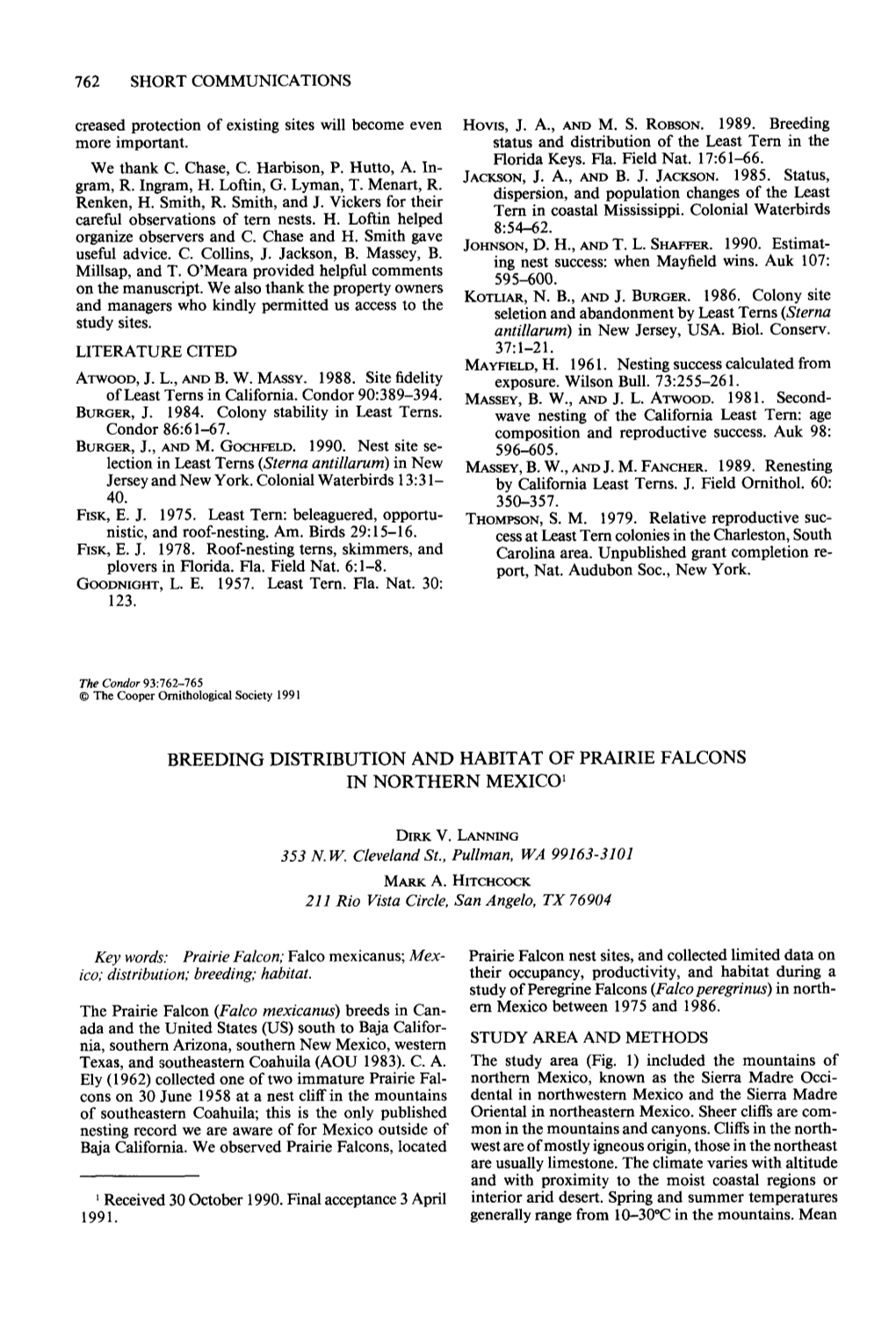 Breeding Distribution and Habitat of Prairie Falcons in Northern Mexico ’