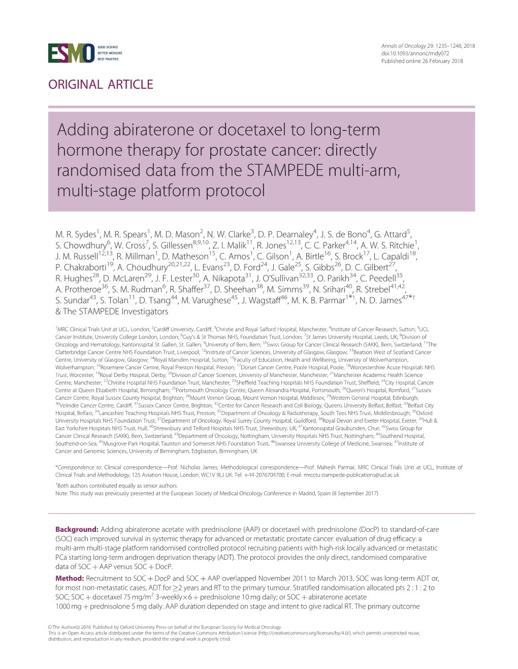 Adding Abiraterone Or Docetaxel to Long-Term Hormone Therapy for Prostate Cancer: Directly Randomised Data from the STAMPEDE Multi-Arm, Multi-Stage Platform Protocol