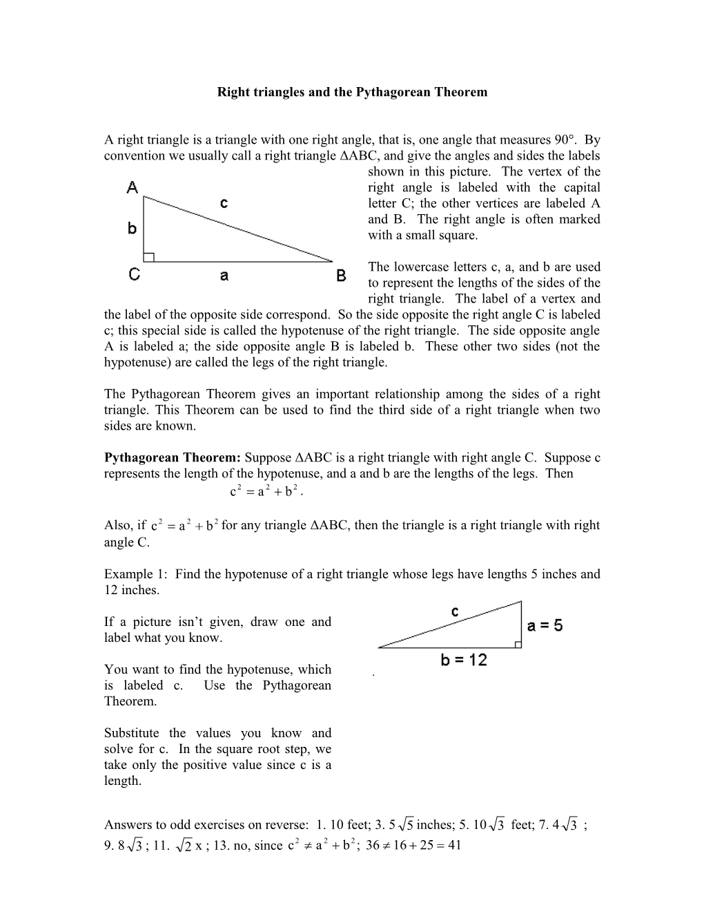 Right Triangles and the Pythagorean Theorem