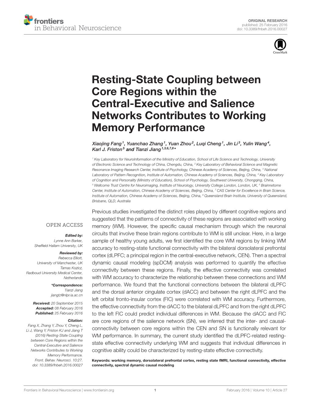 Resting-State Coupling Between Core Regions Within the Central-Executive and Salience Networks Contributes to Working Memory Performance