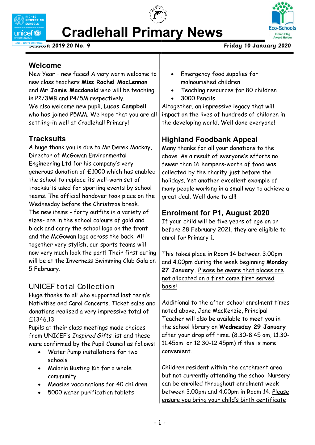 Cradlehall Primary News Session 2019-20 No