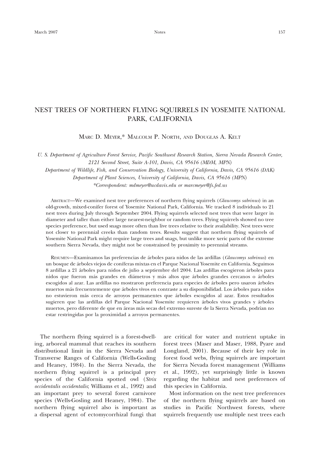 Nest Trees of Northern Flying Squirrels in Yosemite National Park, California