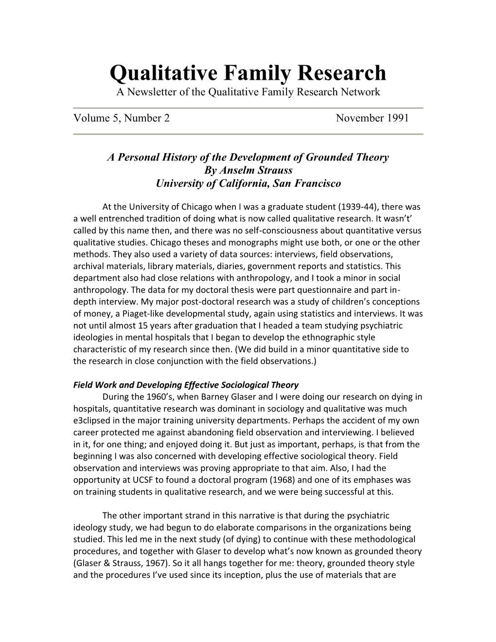 Qualitative Family Research a Newsletter of the Qualitative Family Research Network