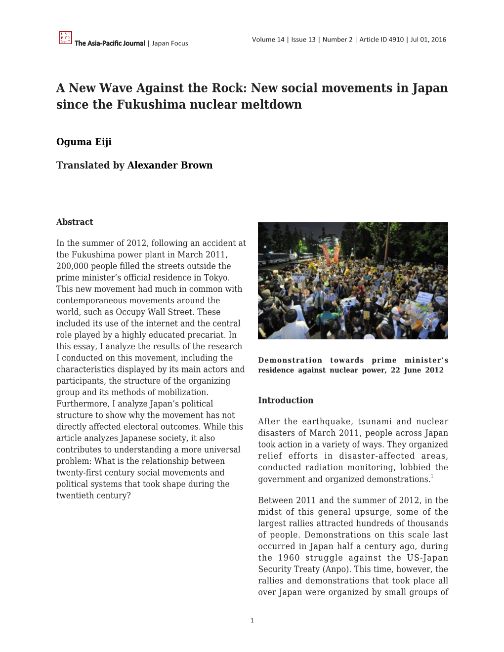 New Social Movements in Japan Since the Fukushima Nuclear Meltdown