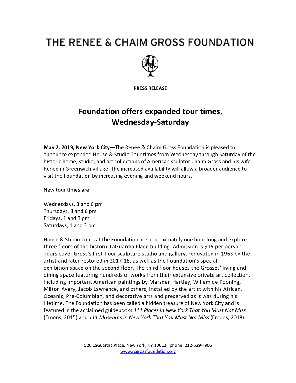 Foundation Offers Expanded Tour Times, Wednesday-Saturday