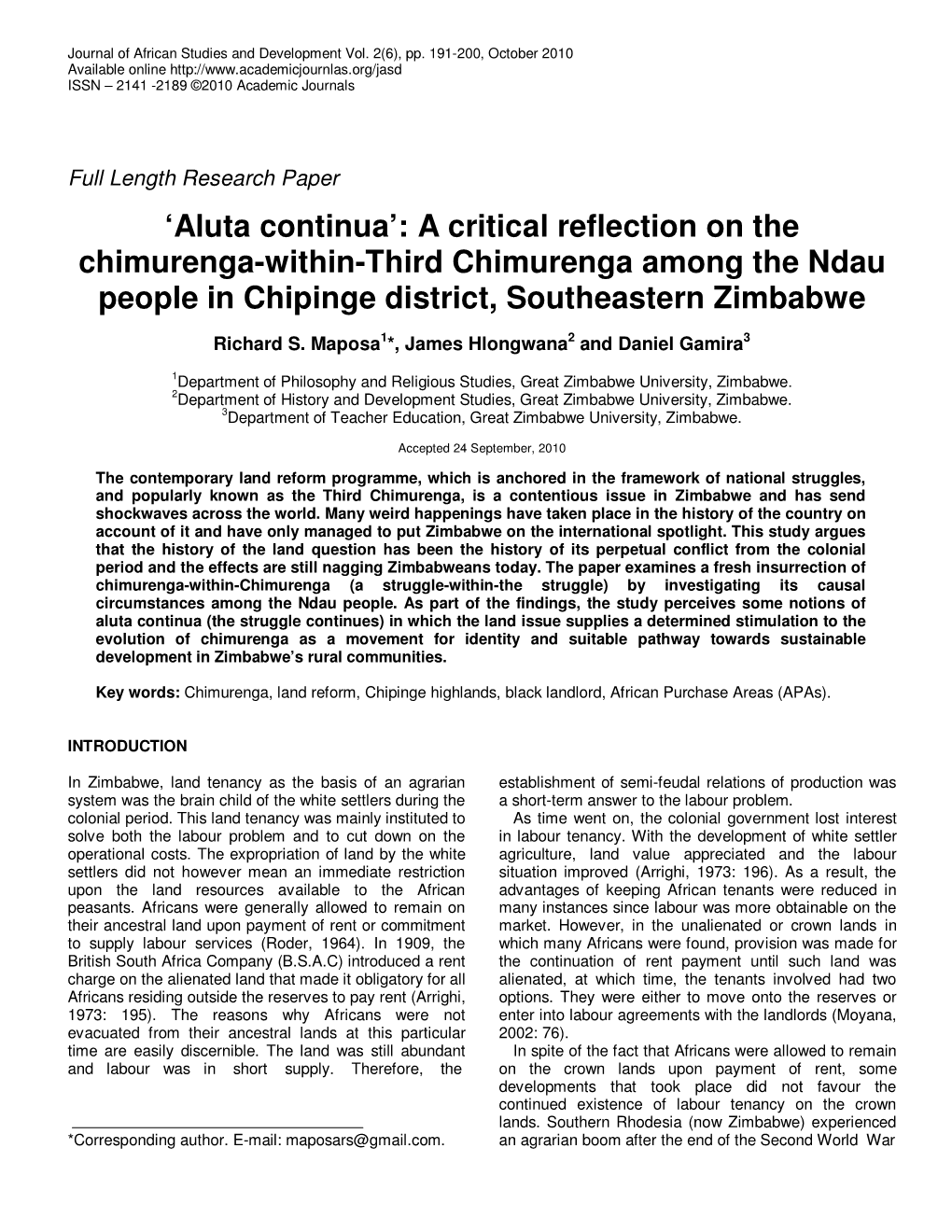Aluta Continua’: a Critical Reflection on the Chimurenga-Within-Third Chimurenga Among the Ndau People in Chipinge District, Southeastern Zimbabwe