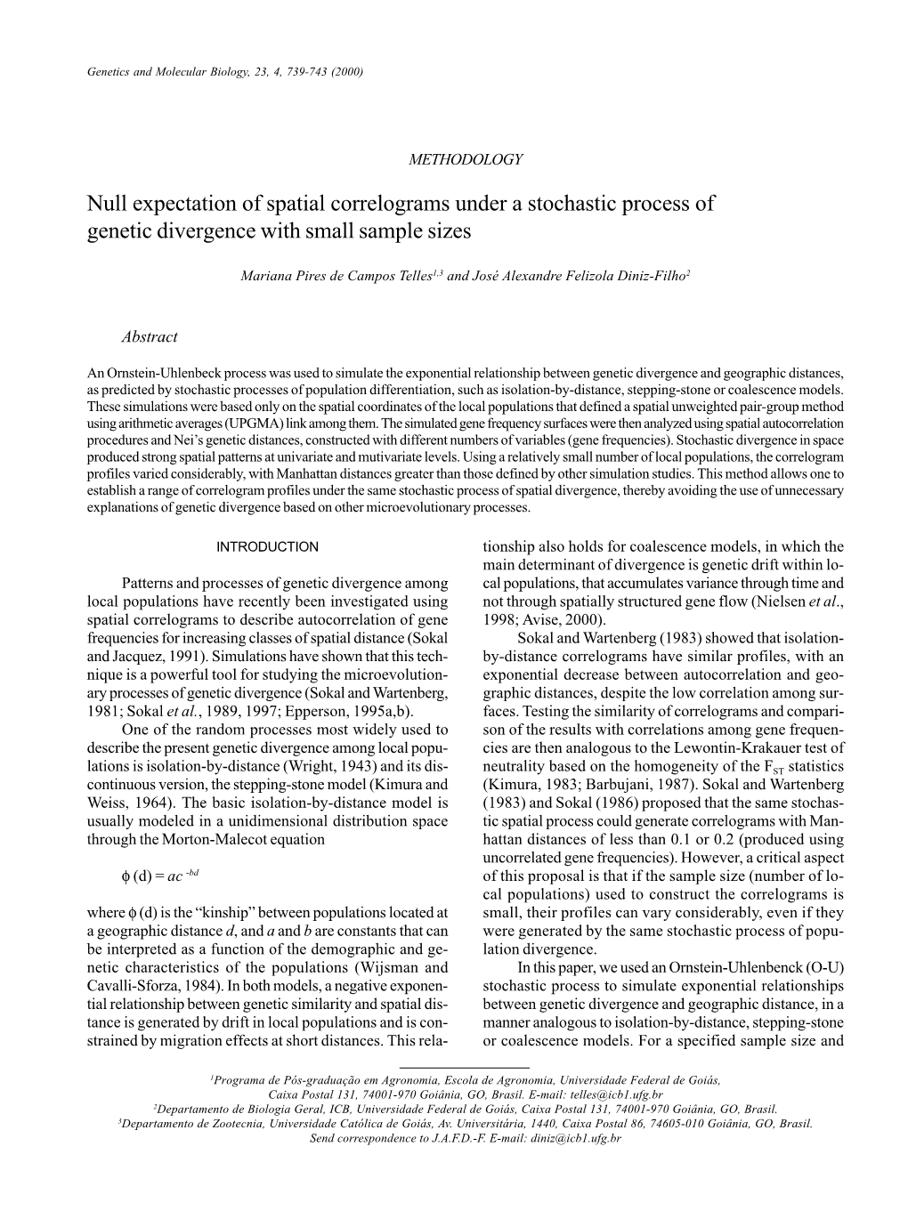 Null Expectation of Spatial Correlograms Under a Stochastic Process of Genetic Divergence with Small Sample Sizes