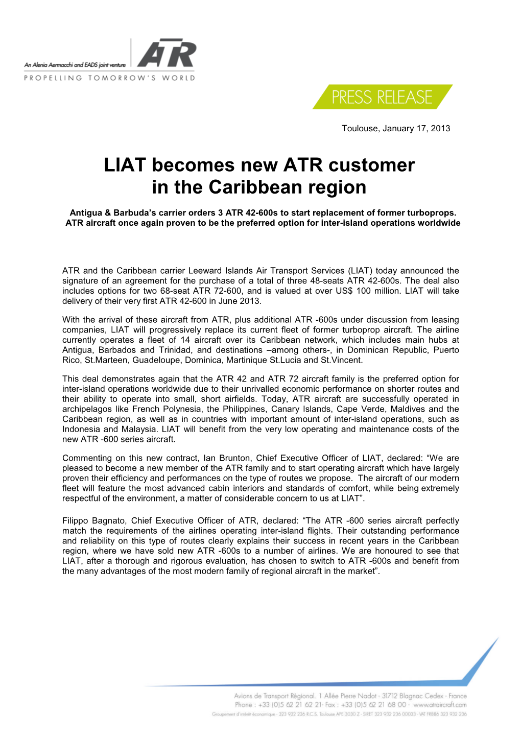 LIAT Becomes New ATR Customer in the Caribbean Region