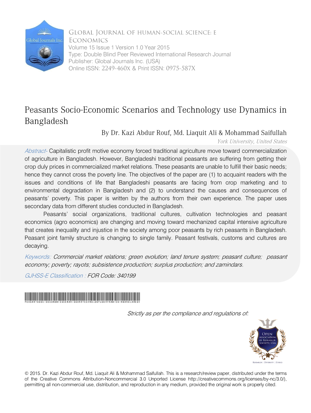 Peasants Socio-Economic Scenarios and Technology Use Dynamics in Bangladesh by Dr